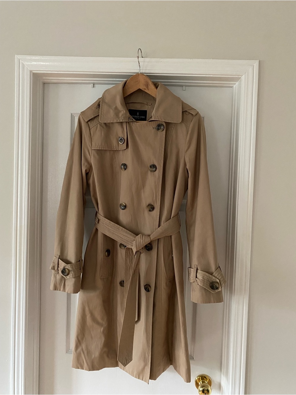 London Fog Khaki Tan Double-Breasted Trench Coat with Belt